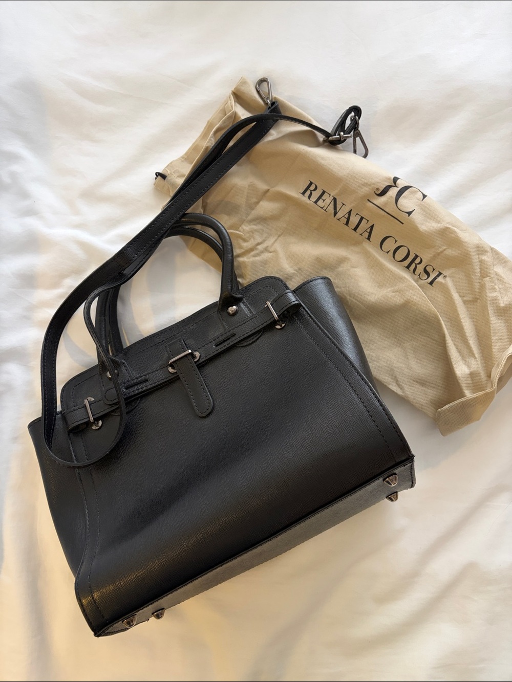 Renata Corsi Black Pebbled Satchel Top Handle, Adjustable Strap, Dust Bag